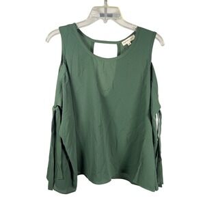 High‎ Stitch Society Cold Shoulder Cutout Back Blouse Green Women's Size M